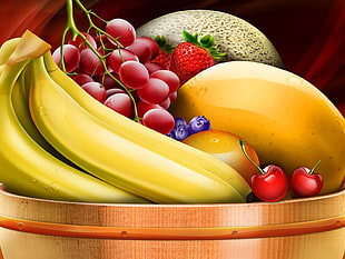 bananas, cherries, grapes, strawberries, and oranges illustration, fruit, bananas, food HD wallpaper