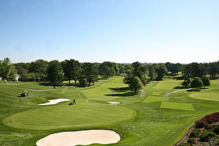 aerial view of golf course under clear skies during daytime