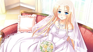 blonde haired female anime character wearing white wedding gown holding bouquet of flowers HD wallpaper