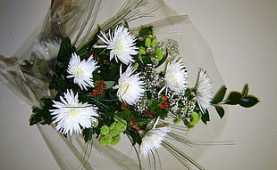 white Chrysanthemums bouquet on white surface HD wallpaper