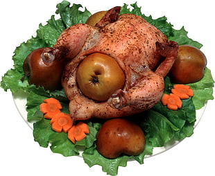 roasted turkey with apples and carrot slices HD wallpaper