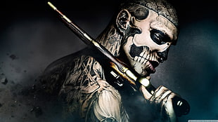 man with skull face mask holding rifle illustration HD wallpaper