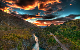 green trees, nature, HDR, river, sunset