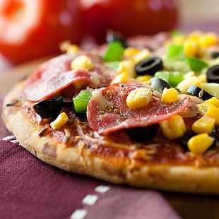 pizza with pepperoni, corn and cheese HD wallpaper