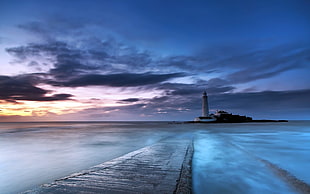 white lighthouse on body of water photo, lighthouse, blues rock, path, water HD wallpaper