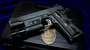 black semi-automatic pistol, CAL. 45, M1911, gun, police HD wallpaper