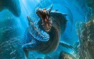 blue sea dragon illustration HD wallpaper