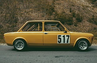 yellow coupe, sports car, vintage, Fiat 128, yellow cars HD wallpaper