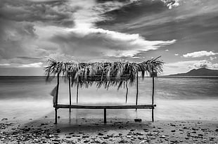 grayscale photography of hut on seashore HD wallpaper