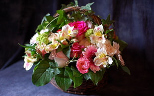 pink and white artificial flowers with basket HD wallpaper