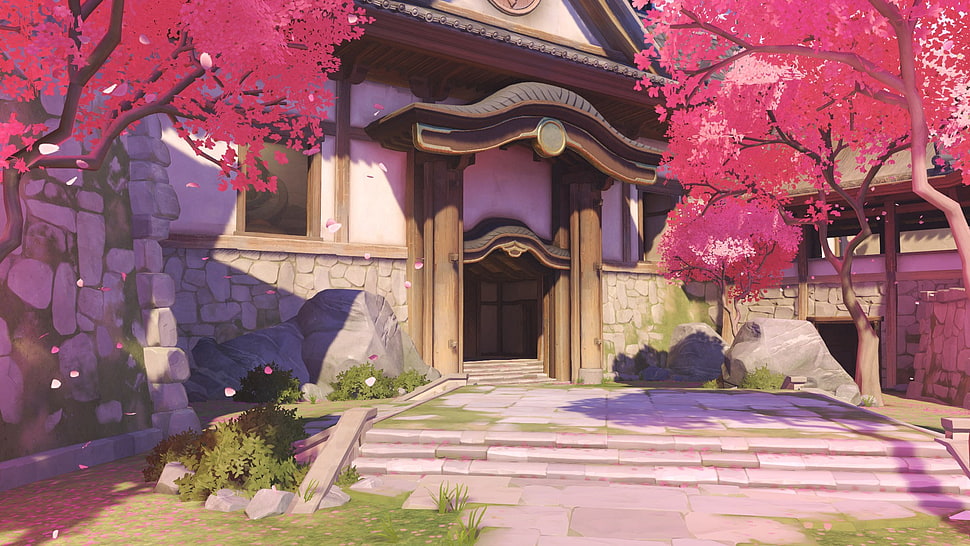 white and brown house with gate illustration, Overwatch, Hanamura (Overwatch) HD wallpaper
