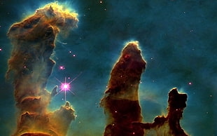 brown and blue aurora, space, Pillars of Creation, nebula, digital art HD wallpaper