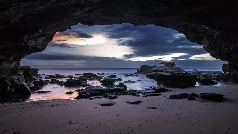 black rock boulder, nature, beach HD wallpaper