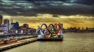 Olympic logo, cityscape, city, HDR, building HD wallpaper