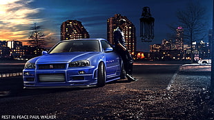 blue race car, Paul Walker, Fast and Furious, Furious 7, Nissan Skyline GT-R R34