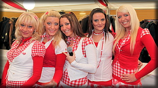 five woman wearing red and white checkered-print suits HD wallpaper