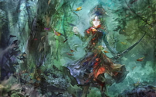 green haired anime girl on the woods painting HD wallpaper