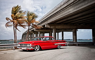 vintage red car, car, bridge HD wallpaper