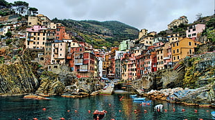 multicolored building lot, Cinque Terre, Italy, sea, hills HD wallpaper