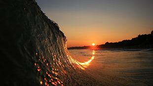 ocean wave, waves, sunset, beach, depth of field HD wallpaper
