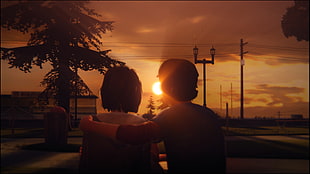 couple facing golden hour movie still screenshot, Life Is Strange, sunset, hugging HD wallpaper