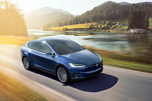 blue Tesla 5-door hatchback HD wallpaper