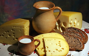 assorted Cheese and milk on brown ceramic milk cups HD wallpaper