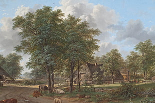 brown house in the forest painting, painting, pastoral, cow, cottage