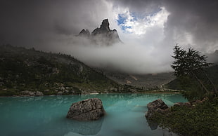body of water, nature, landscape, clouds, mountains