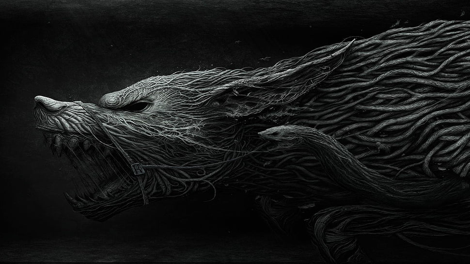 grey wolf digital wallpaper, nature, wolf, artwork, monochrome HD wallpaper