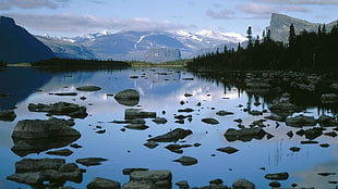 gray stone fragment, Sweden, landscape, lake, Sarek HD wallpaper