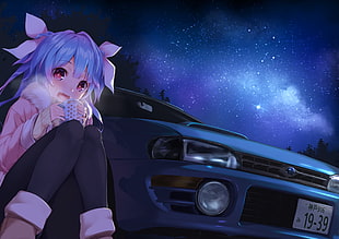 woman in pink dress shirt sitting beside car anime charactere