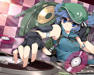 blue haired teal dressed girl anime character digital wallpaper