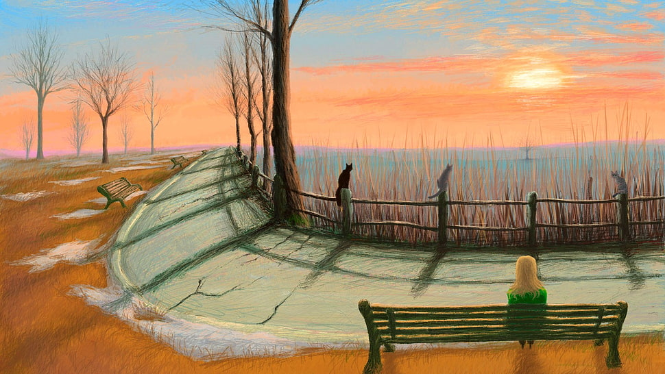 painting of person sitting on wooden bench beside road, painting, artwork HD wallpaper