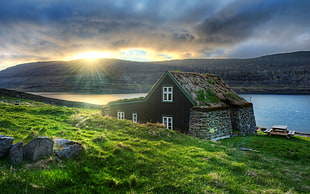 brown wooden house, nature, landscape, sunset, river