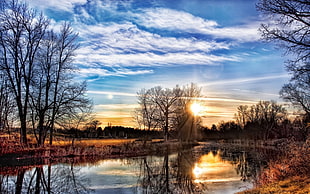 brown and white house near body of water painting, nature, sunlight, sky, clouds