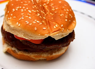 orange and white ceramic bowl, food, burgers, burger