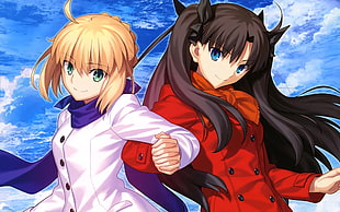 two female anime characters illustration, Fate Series, Saber, Tohsaka Rin HD wallpaper