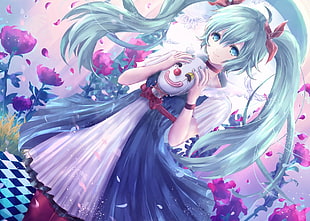 blue haired female anime character holding white clown mask wallpaper, Hatsune Miku, Vocaloid