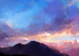 blue and pink sky illustration