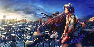 black haired female anime character holding a white and red electric guitar HD wallpaper