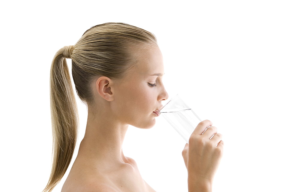 blonde haired woman drinking a glass of water HD wallpaper