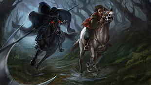 two person riding horses in forest, artwork, fantasy art