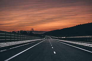 black asphalt road, photography, sunset, clouds, evening