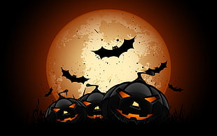 black Jack'-o'lanterns clip art, Halloween, bats, pumpkin, Moon HD wallpaper