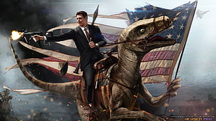 man riding on raptor poster, humor, digital art, Ronald Reagan, flag HD wallpaper
