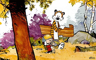 brown tiger illustration, Calvin and Hobbes HD wallpaper