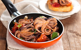orange frying pan, food, octopus HD wallpaper