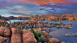 brown rock formation, landscape, nature, rock, water