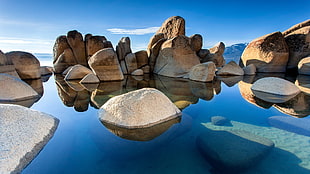 beige stone formation, landscape, nature, lake, stones